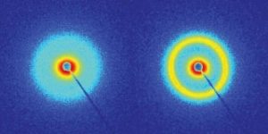 two blue circles, one with yellow ring